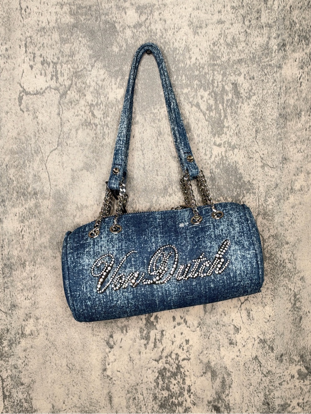 Von Dutch Distressed Blue Denim Shoulder Bag with Crystal Logo